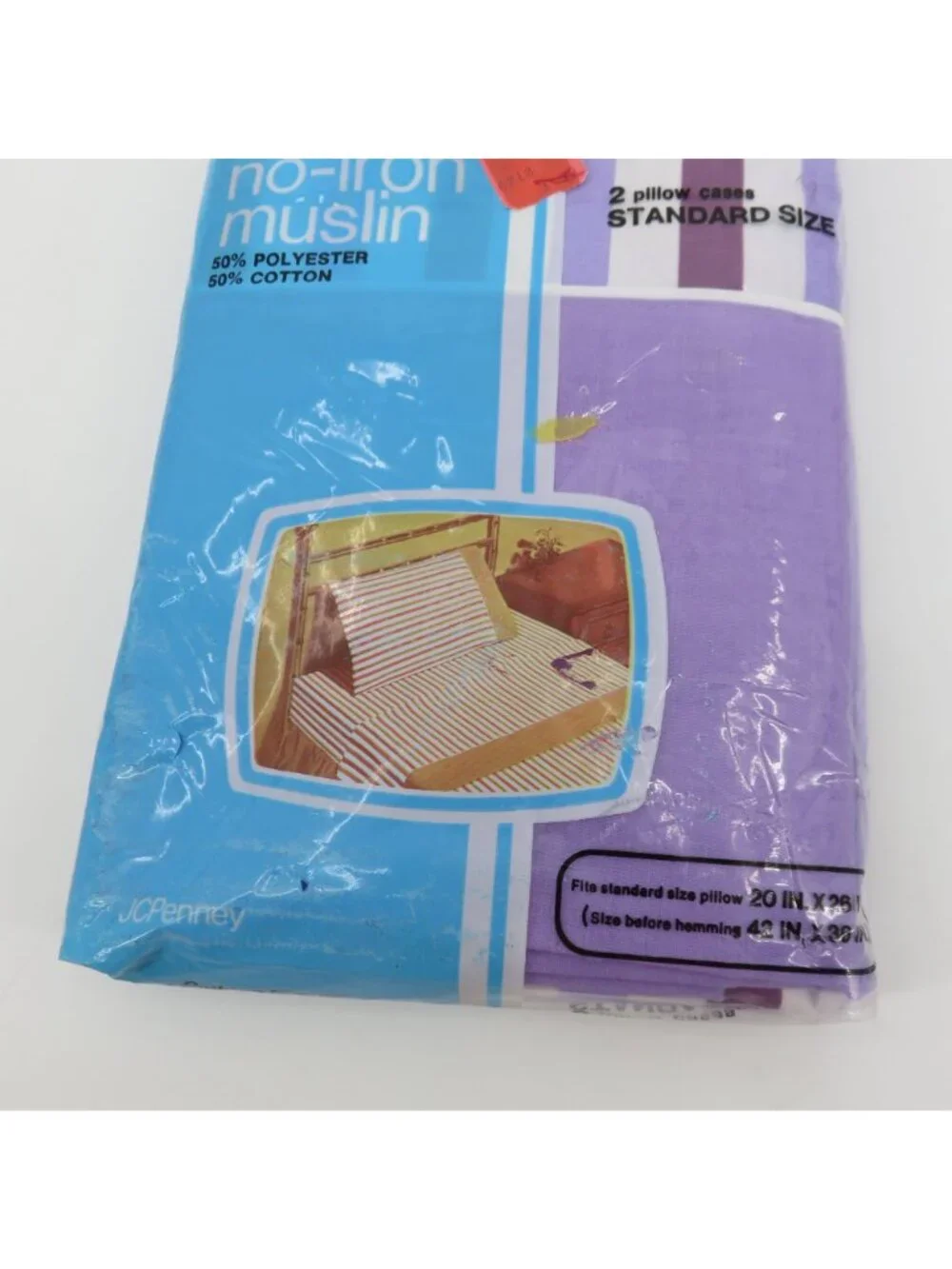 NEW Vintage JCPenney 2 Standard Pillowcases No Iron Muslin Purple White Stripes